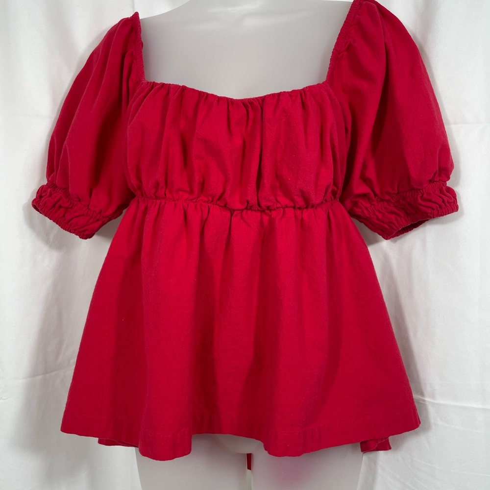 Free People Red Boho Puff Sleeve Babydoll Top.
